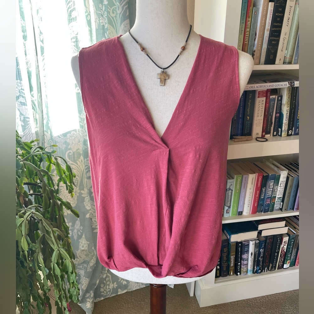 LUSH dusty red V Neck relaxed fit pleated style tank top